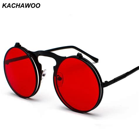 Kachawoo Round Flip Up Sunglasses Retro Men Metal Frame Red Yellow Lens Accessories Unisex Sun
