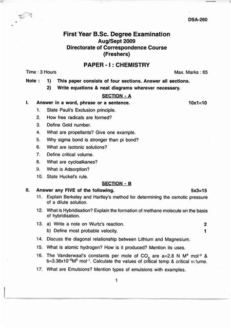 Past Year Question Papers Of Kuvempu University Bsc 1st Year Chemistry