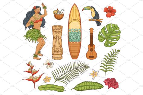 Hawaiian Tropical Vacation Icons Set Illustrations Creative Market