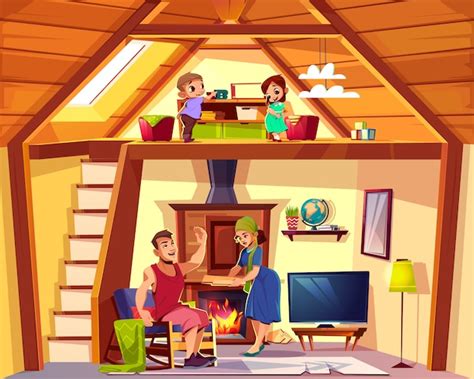 Vector De Dibujos Animados Interior De La Casa Con La Familia Feliz
