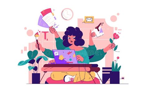 Multitasking Woman Balancing Life With Multiple Hands Illustration