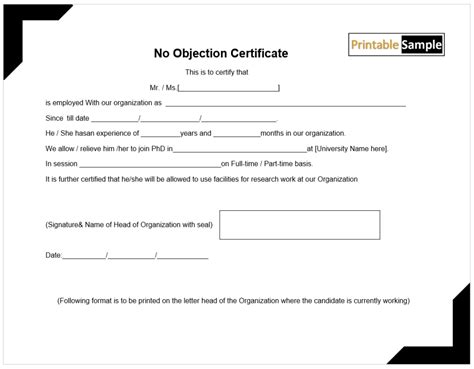 No Objection Certificate Form