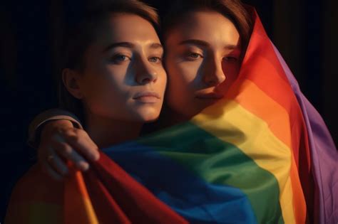 Premium Ai Image Lesbian Couple With Pride Flag Ai Generated