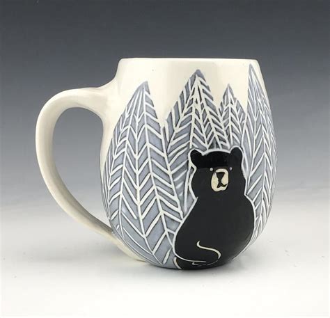 Handmade Sgraffito Bear Pottery Mug In Black And White Herringbone Tre