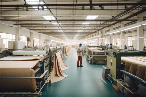 Textile Factory With Workers Operating Machines And Producing Fabrics