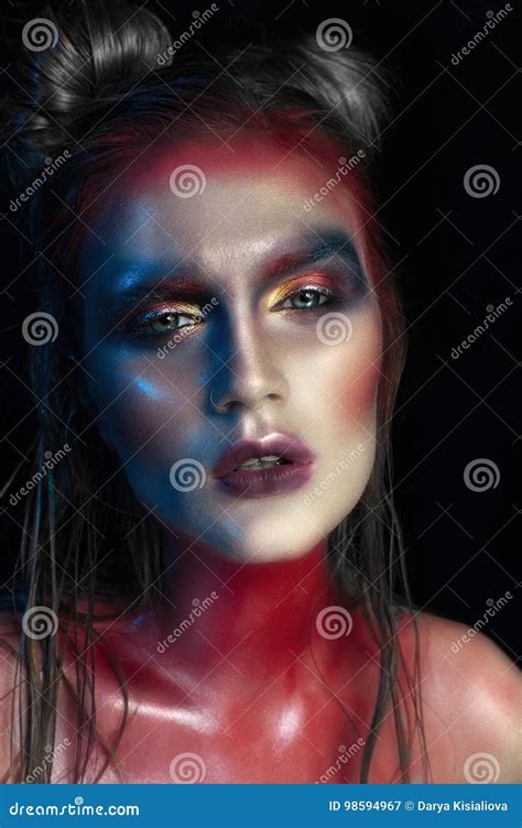 Beauty Close Up Portrait Of Beautiful Woman Model Face With Magic Creative Fashion Multicolored