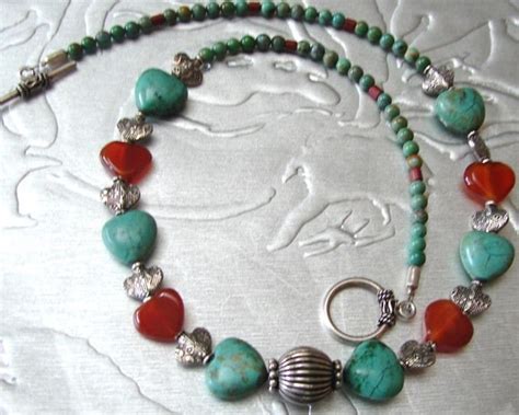 Turquoise Carnelian Sterling Hearts Necklace By Carolesjewelry