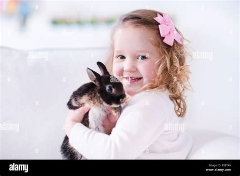 Child Playing With A Real Rabbit Kids Play With Pets Little Girl