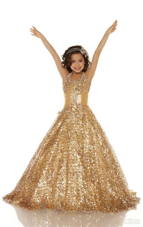 New Beaded Kids Pageant Gowns Floor Length Gold 2017 Flower Girl Dress