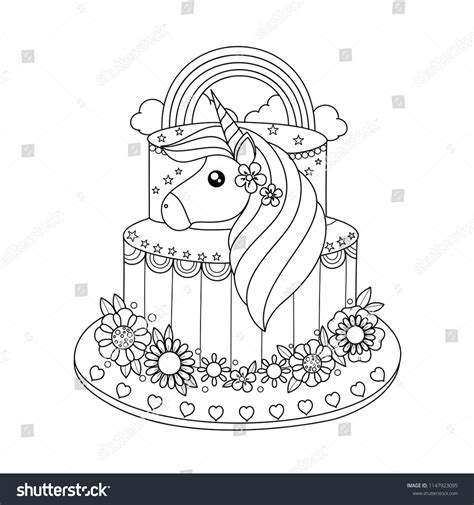Unicorn Cake Coloring Book Adult Vector Stock Vector Royalty Free
