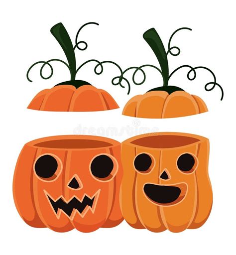 Halloween Two Pumpkins Cartoons With Covers Vector Design Stock Vector