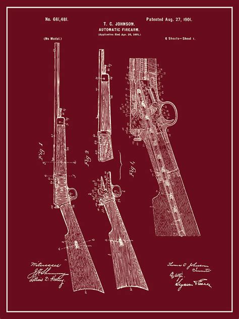 1901 Winchester Automatic Firearm Patent Print Red Drawing By Greg