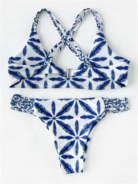 Graphic Print Braided Strap Bikini Set Sheinsheinside