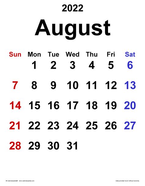 August 2022 Printable Calendar Word Printable World Holiday