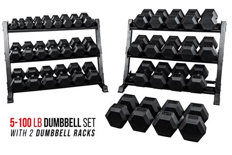 Rep 5 100 Lb Rubber Hex Dumbbell Set With 2 Racks Includes 5 10 15 20 25 30 35 40 45