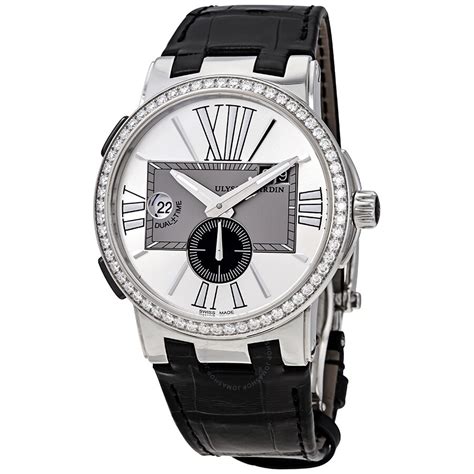 ulysse nardin executive dual time silver dial diamond bezel black leather men s watch 243 00b