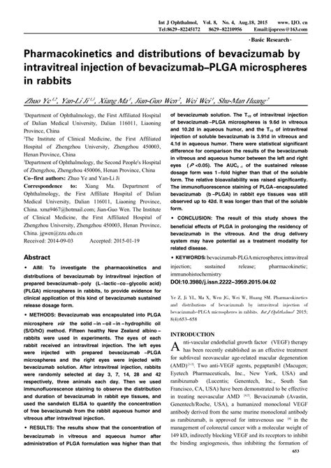 Pdf Pharmacokinetics And Distributions Of Bevacizumab By Intravitreal