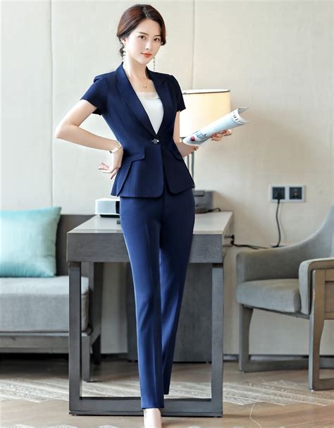 Fashion Navy Blue Uniform Styles Women Pantsuits 2 Piece Sets With