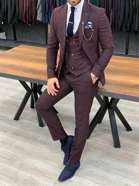 Buy Burgundy Slim Fit Pinstripe Suit By With Free Shipping
