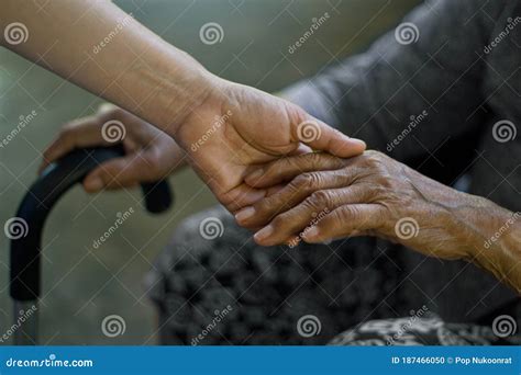 Daughter Holding Hand Of Mother Elderly That Is Alzheimer And Parkinson