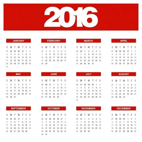 Calendario Anual Rojo 2016 Vector Gratis
