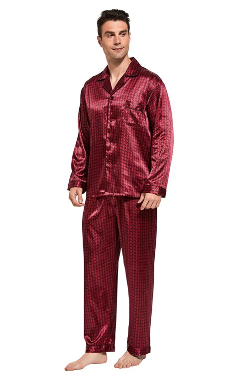 Mens Silk Satin Pajama Set Long Sleeve Burgundy With Black Diamods