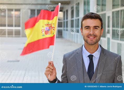 Male Proudly Waving The Spanish Flag Stock Image Image Of Europe