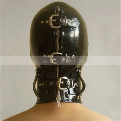 06mm Latex Bondage Hood Latex Mask Blinder By Snap And Neck Band Head Tight Clasp Metal Ring S