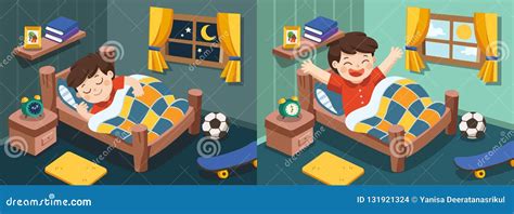 A Little Boy Sleeping And Wake Up In The Morning Stock Vector