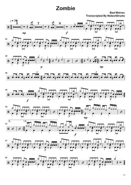 Zombie Arr Notes4drums Sheet Music The Cranberries Drums