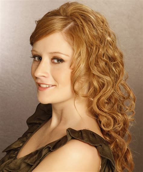 Long Curly Formal Hairstyle With Side Swept Bangs Light Ginger Red Hair Color