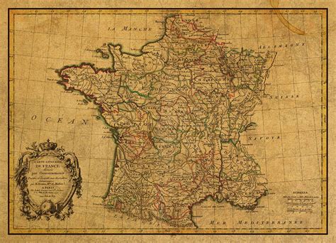Vintage Map Of France Old Schematic Circa 1771 On Worn Distressed