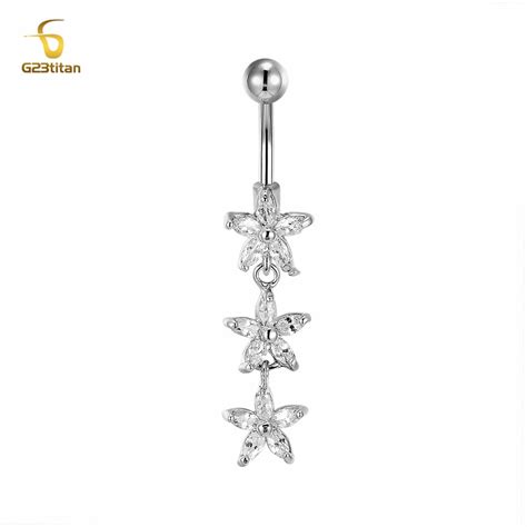 G23titan Crystal Flower Pendant Belly Button Piercing Rings 14 Gauge