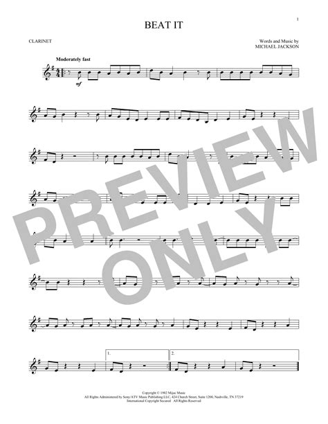 Beat It Sheet Music Michael Jackson Clarinet Solo