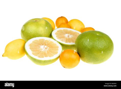 Big Green Grapefruitslemon And Mandarines Close Up On White Background