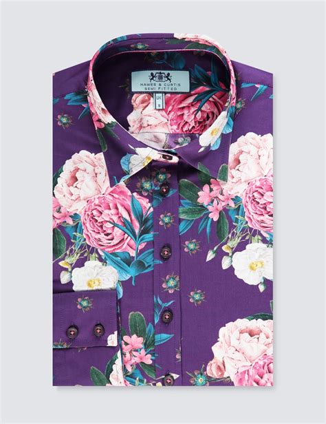 Cotton Women S Semi Fitted Shirt With Floral Print And Single Cuff In Purple And Pink Hawes
