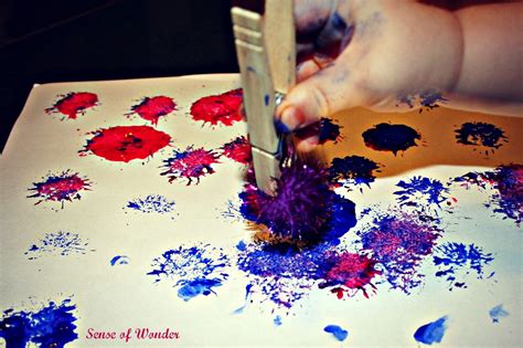 You'll love these creative preschool activities for kids which include art projects for preschoolers like footprint penguins, a simple sewing project, rainbow slime, bath paint, melted crayons, paper plate animals and snowman art. Painted Pom Pom Fireworks | 4th of July Preschool Theme ...