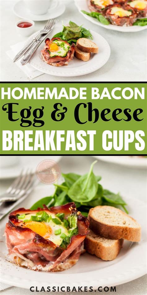 Bacon Egg And Cheese Breakfast Cups On White Plates