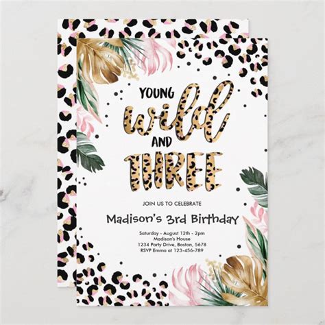 Young Wild And Three Jungle Leopard Print Birthday Invitation Zazzle