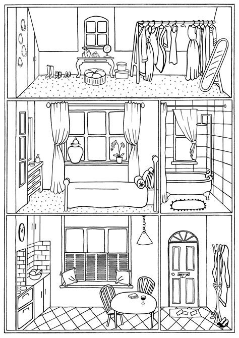 House Interior Colouring Page No22 Line Drawing Download Etsy Uk