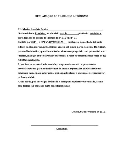 Declaração De Trabalho Autônomo Como Fazer Modelo Dicas