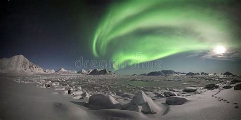 Northern Lights Over The Frozen Fjord Panorama Stock Photo Image Of