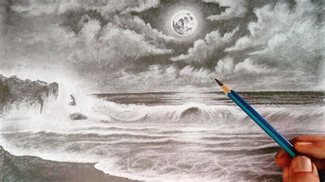 Pencil Drawing Moon Light Beach Landscape Easy Step By Step Scenery