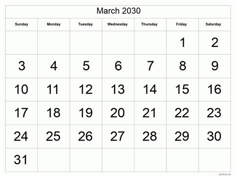 Printable March 2030 Calendar Free Printable Calendars