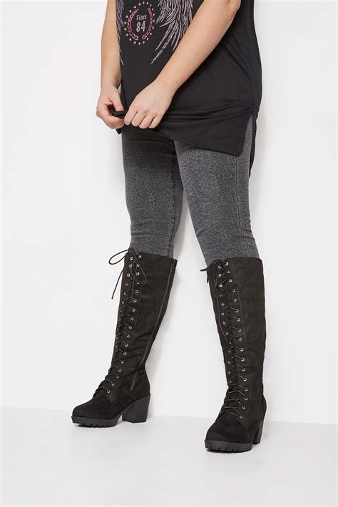 black lace up heeled knee high boots in eee fit sizes 5eee to 10eee