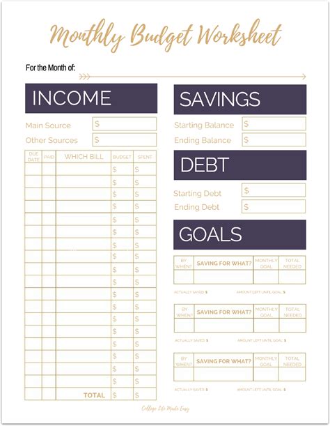Simple Budget Worksheet Printable Free
