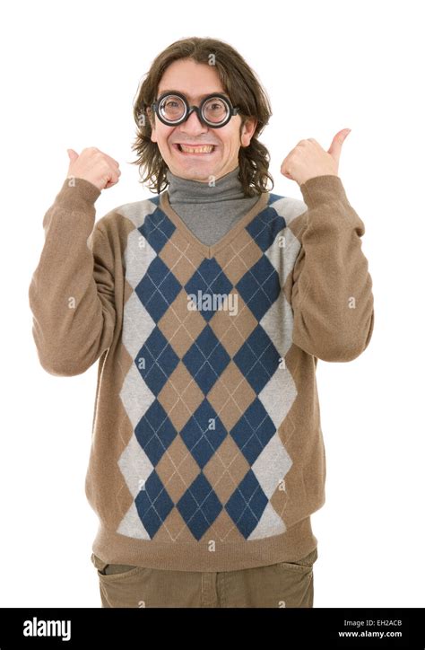 Geek Man Going Thumbs Up Isolated On White Stock Photo Alamy