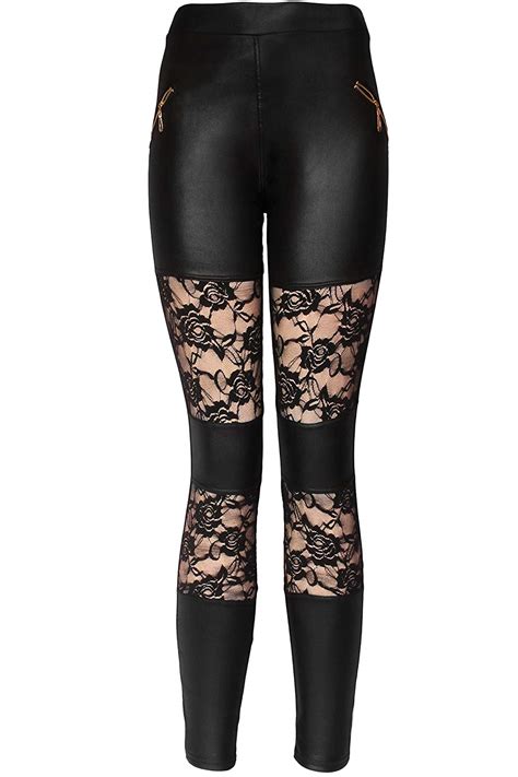Black Leather And Lace Mesh Panel Leggings Pants