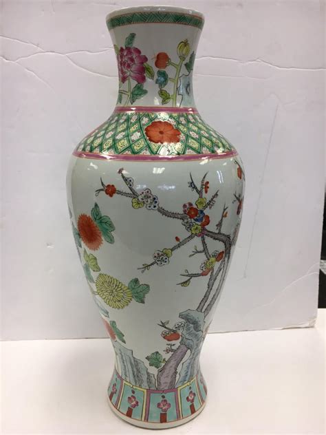 Chinese Asian Baluster Form Porcelain Hand Painted Vase With Flowers