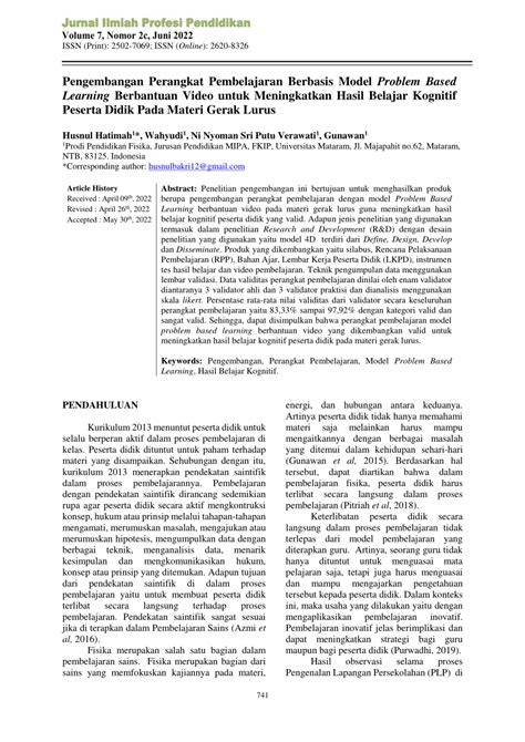 Pdf Pengembangan Perangkat Pembelajaran Berbasis Model Problem Based